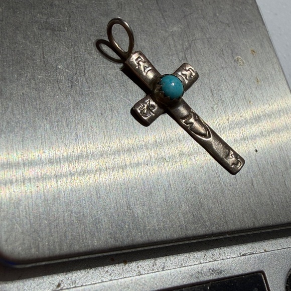 Stamped Native American Sterling Silver Cross Pendant with Turquoise Accent (2) - Picture 8 of 8
